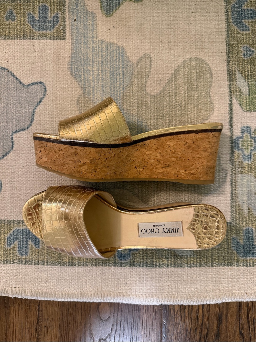 Jimmy Choo Metallic Gold Croc-Embossed Cork Wedge Slides